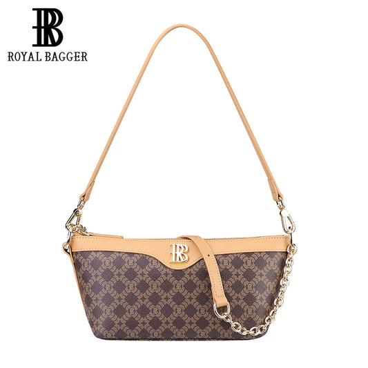 Royal Bagger Chain Shoulder Bag for Women, Signature Coated Canvas & Vegetable-Tanned Cowhide Leather Underarm Purse, Fashion Retro Handbag 5263