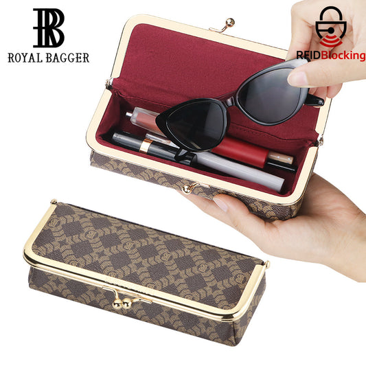 Royal Bagger Women's Eyeglass Case & Coin Purse, RFID Pencil Bag with Kiss Lock, Coated Canvas & Vegetable-Tanned Leather 5135