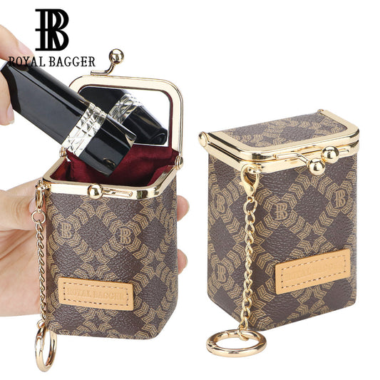 Royal Bagger Women's Mini Chain Cosmetics Case, Signature Coated Canvas & Vegetable-Tanned Cowhide Leather Kiss Lock Purse, Small Makeup Bag with Mirror 5241