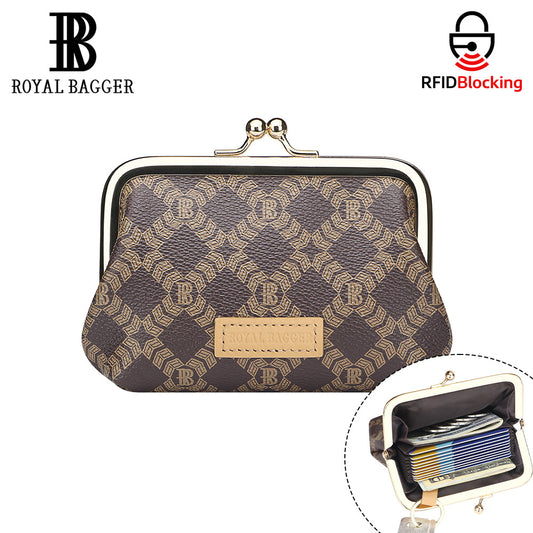 Royal Bagger Retro Kiss Lock RFID Card Holder & Coin Purse for Women, Signature Coated Canvas & Vegetable-Tanned Leather Mini Keychain Wallet, Compact Storage Bag 5243