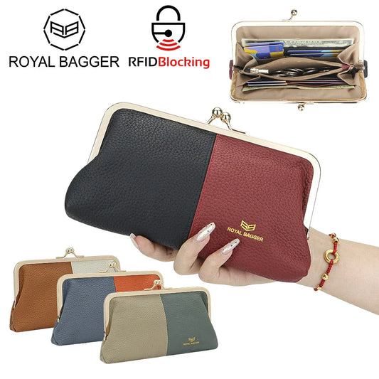 Royal Bagger RFID Blocking Genuine Leather Clutch Purse for Women, Elegant Evening Wallet with Kiss Lock, Phone Holder 2868