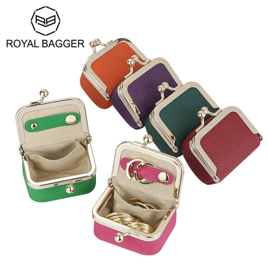 Royal Bagger Genuine Leather Mini Coin Purse, Solid Color Kiss Lock Change Pouch, Casual Style Small Storage Bag for Women 1894