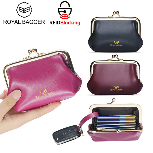 Royal Bagger Retro Kiss Lock RFID Card Holder Coin Purse for Women Genuine Cow Leather Small Lipstick Bag Fashion Mini Key Chain Wallet 3243