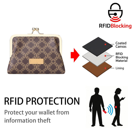 Royal Bagger Women's RFID Card Holder, Kiss Lock Coin Purse, Short Wallet, Signature Coated Canvas & Vegetable-Tanned Cowhide Leather 5120