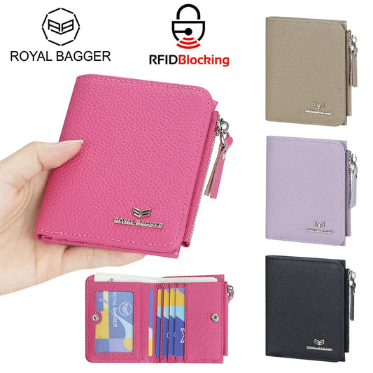 Royal Bagger RFID Blocking Genuine Leather Short Wallet for Women - Slim Bifold Coin Purse, Fashionable & Simple Design 3201