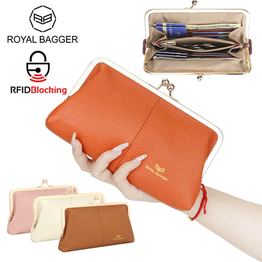 Royal Bagger RFID Kiss Lock Wallet, Genuine Leather Clutch Purse for Women with Solid Color Lining & Multi-Card Slots 3468