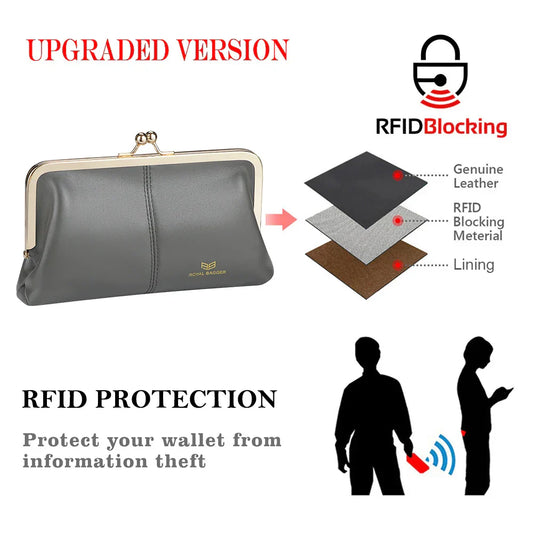Royal Bagger RFID Genuine Leather Wallet for Women, Kiss Lock Clutch with Multi-Card Slots, Vintage Card Holder Purse 2468