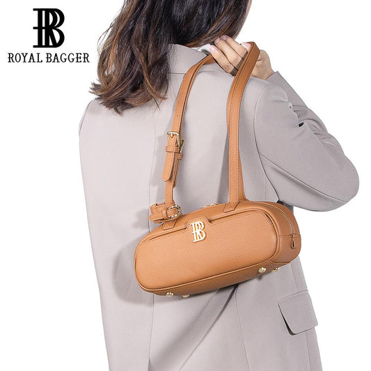 Royal Bagger Genuine Cow Leather Shoulder Handbag for Women, Cylinder Purse with Adjustable Strap, Fashion Women's Bag 3249
