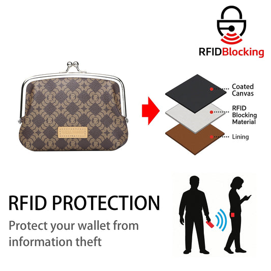 Royal Bagger RFID Coin Purses for Women, Fashion Kiss Lock Change Pouch, Double Clip Key Card Storage Bag, Signature Coated Canvas & Vegetable-Tanned Cowhide Leather 2858
