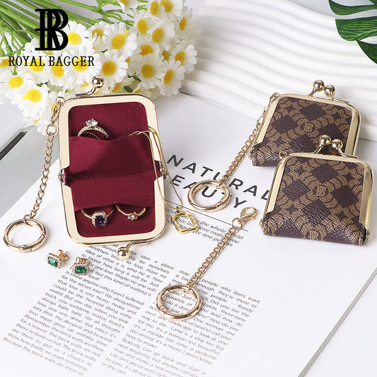 Royal Bagger Mini Retro Jewelry Box for Women, Slim Kiss Lock Purse with Removable Chain, Signature Coated Canvas & Vegetable-Tanned Cowhide Leather 7120