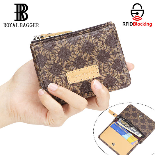 Royal Bagger Women's Coin Purse – Signature Coated Canvas & Vegetable-Tanned Cowhide Leather, RFID Blocking Small Wallet, Casual Zipper Pouch for Daily Use 4200